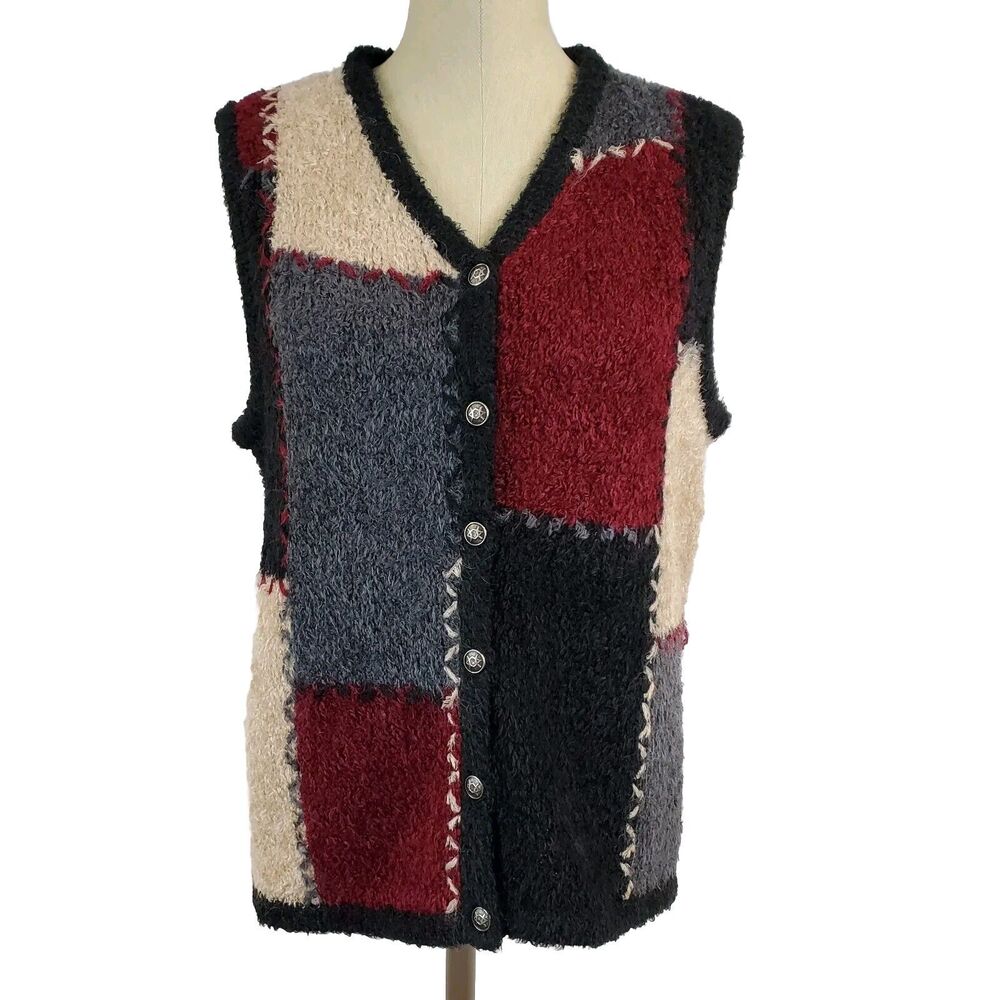 Vintage Y2K Patchwork Cottagecore Sweater Vest L Mohair Granny 00s